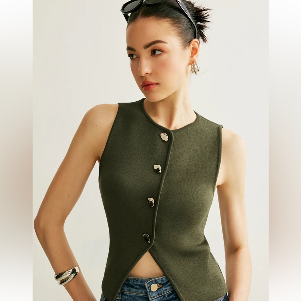 Zara Dark Green Olive Knit Button-Up Blouse Vest